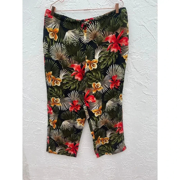 White Stag Womens Drawstring Slacks Tropical Floral Pants Green Sz XL 16/18 - Picture 1 of 11